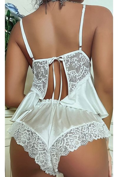 Nightlight White Lace Satin Shorts Nightgown Set