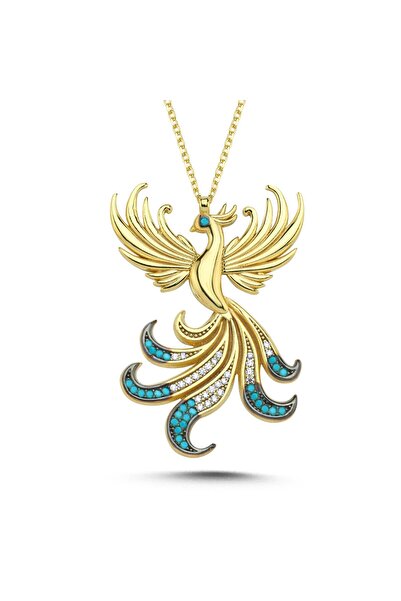 Kayra Mücevher Kraliçe Mavi Taşlı Anka Kuşu Altın Kaplama Kolye