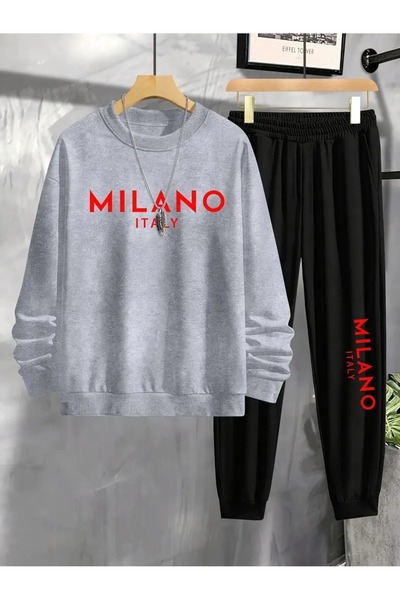 Massgai Unisex Mlano Italy Printed Crew Neck Oversized Top and Bottom Set Jogger Cotton Tracksuit Set