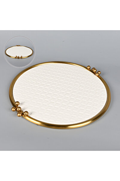 Generic Round serving tray, off-white leather, 43 cm diameter, with a sturdy ...