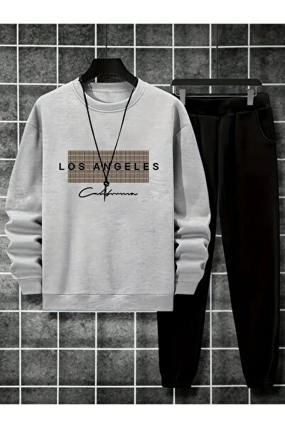 Massgai Unisex Los Angeles California Printed Crew Neck Oversized Bottom-Top Jogger Cotton Tracksuit Set