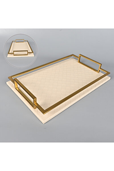 Generic Elegant Beige Leather Serving Tray 45x28 cm with Copper Steel Frame