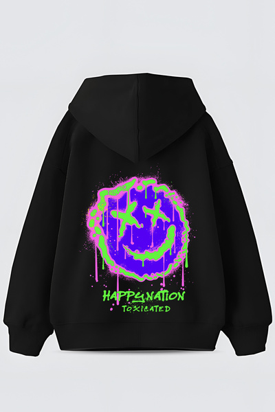 FUWEAR سويت شيرت Happy Nation Design Graffiti مطبوع أسود قصة فضفاضة بغطاء رأس