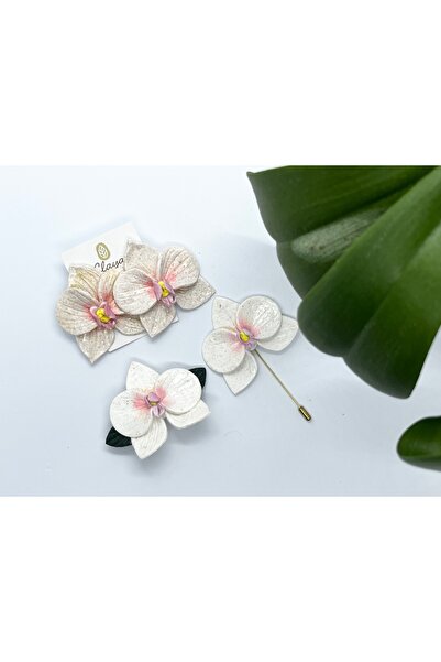 Claya El Yapımı Beyaz Phalaenopsis Orkide Takı Seti - Küpe Mandal Toka ve Bro...