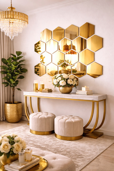 mablelabs Gold Dekoratif Altıgen Pleksi Ayna (Bal Peteği Model)