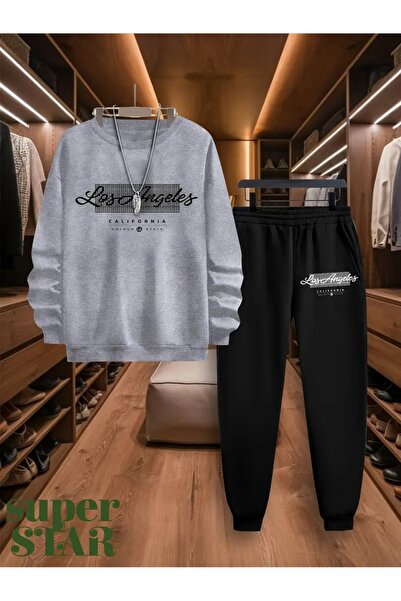Massgai Unisex Los Angeles California Printed Crew Neck Oversized Bottom-Top Jogger Cotton Tracksuit Set