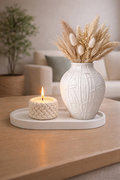 R ROZELLA Yaprak Desenli Dekoratif Vazo & Örgü Mum Seti | Modern Minimal Ev D...