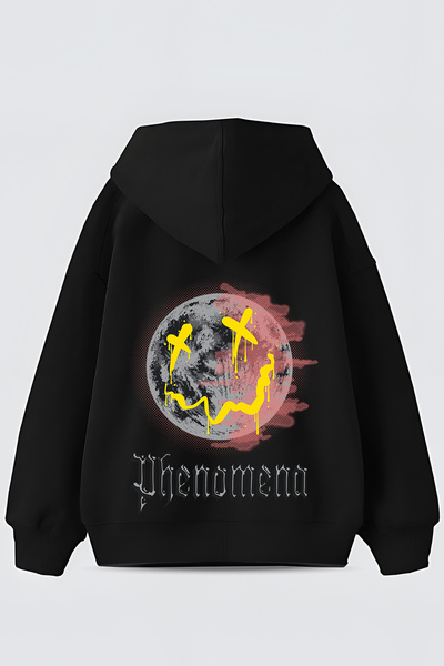 FUWEAR Phenomena Design Печатана 3-нишка черна суитшърт с качулка и подплата ...