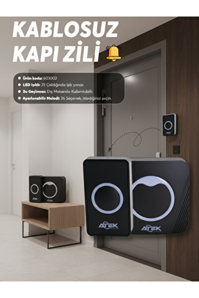 Arya ATEK Siyah Kablosuz Su Geçirmez Kapı Zili | LED Işıklı | 36 Melodili | P...