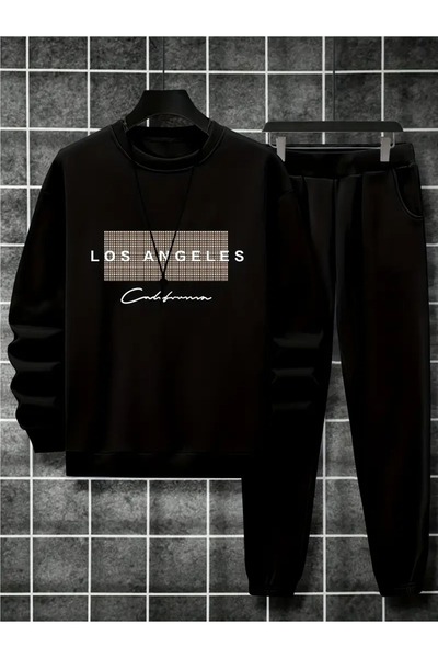 Massgai Unisex Los Angeles California Printed Crew Neck Oversized Bottom-Top Jogger Cotton Tracksuit Set