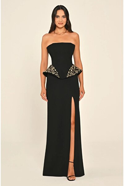 ALFABETA Strapless Side Accessory Slit Crepe Long Dress
