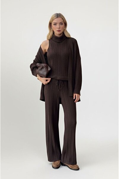 LADY SHOPPING High-Necked Triple Knitwear Set-Brown