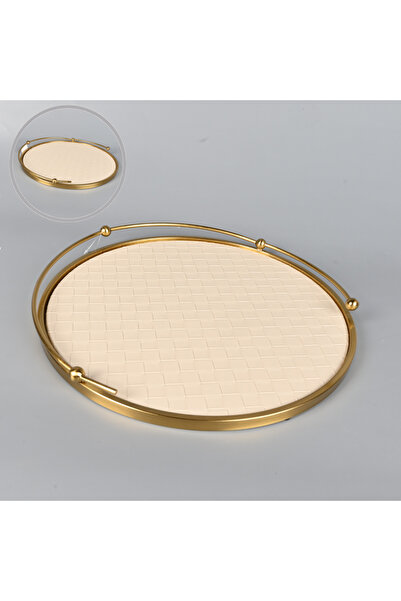 Generic Round serving tray, beige leather, 42 cm diameter, with a sturdy copp...