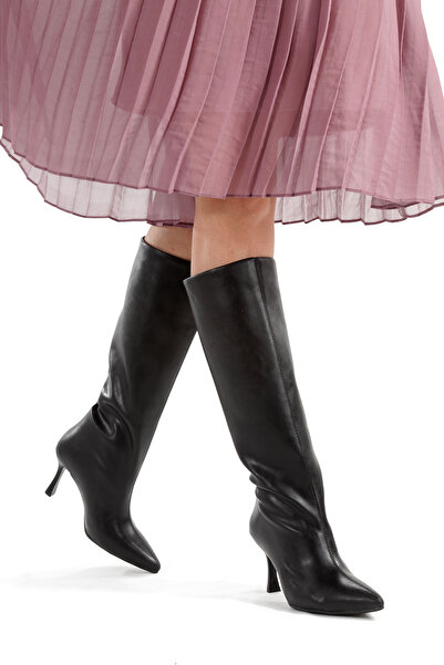 PİMORA Cizme din piele neagră cu vârf ascuțit, toc de 9 cm