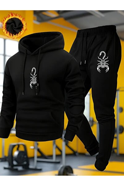 Massgai Unisex Scorpion Scorpion Printed Hooded Oversized Bottom-Top Set Jogger Cotton Tracksuit Set