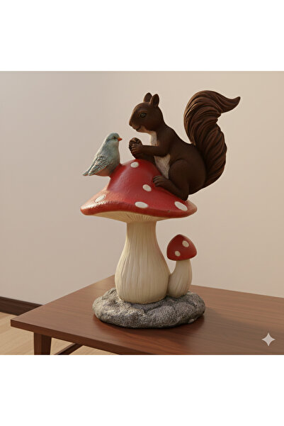 İki Cadı Tasarım Mantar Üzerinde Sincap Ham Polyester Obje - 13,5 x 7cm