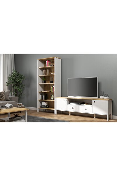 Sakura Ahşap Hunerika HELEN SET 10 tv ünitesi-kitaplık takımı -Wood Beyaz-Min...