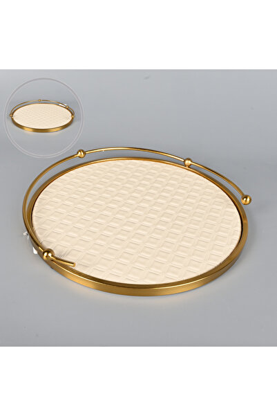Generic Round Serving Tray 37 cm - Beige Faux Leather with Copper Steel Frame