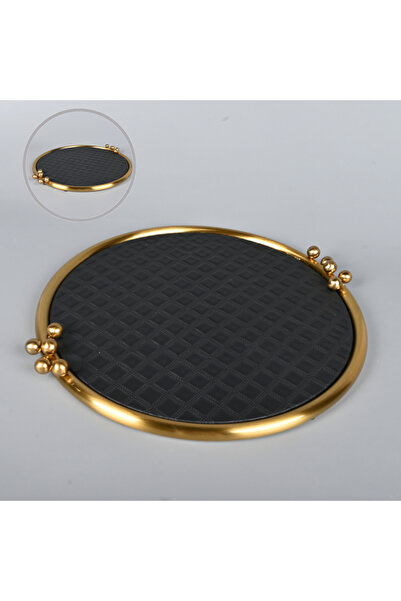 Generic Round Black Leather Serving Tray 38 cm with Copper Steel Frame