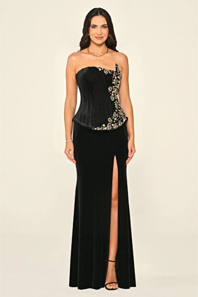 ALFABETA Strapless Top Asymmetrical Cut Corset Stone Velvet Long Dress