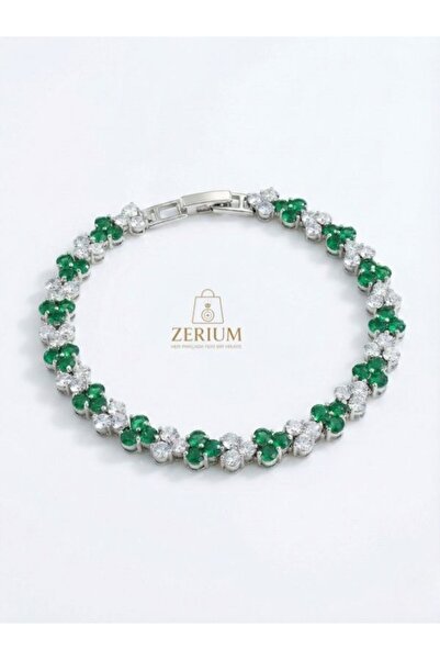 ZERİUM Green Crystal Stone Steel Bracelet Silver Color Modern Premium Design