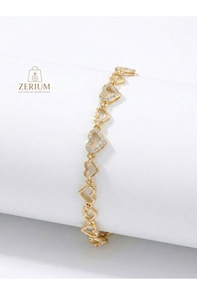 ZERİUM Bow Figured Zircon Stone Steel Bracelet Gold Color Premium Design