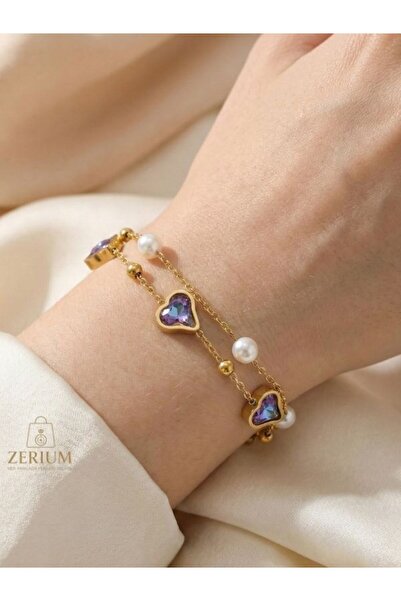 ZERİUM Purple Heart and Pearl Detailed Women's Steel Bracelet Gold Color Premium Design