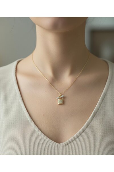 RM Bijuteri Gold Zircon Stone Lock Key Necklace