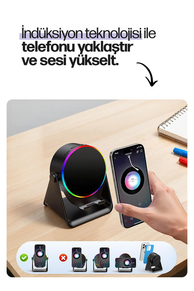 Enkado S10 5W Bluetooth + Temasla Ses Yükselten İndüksiyon Hoparlör 2000 Mah RGB Işıklı Standlı 5in Speaker