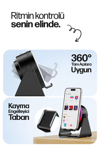 Enkado S10 5W Bluetooth + Temasla Ses Yükselten İndüksiyon Hoparlör 2000 Mah RGB Işıklı Standlı 5in Speaker