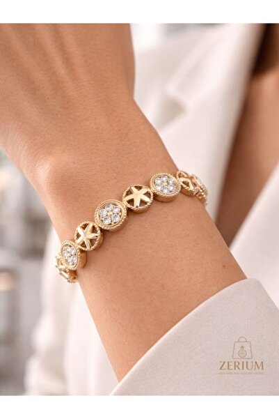 ZERİUM Women's Premium Steel Bracelet Gold Color Star and Stone Embroidered Stylish Series