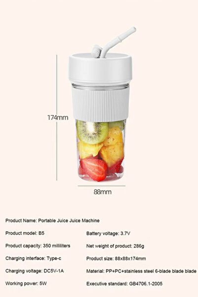 TEKMAKG Taşınabilir Şarjlı Blender | 350 ml | Type-C | 6 Bıçaklı | Kablosuz Mini Smoothie Blender