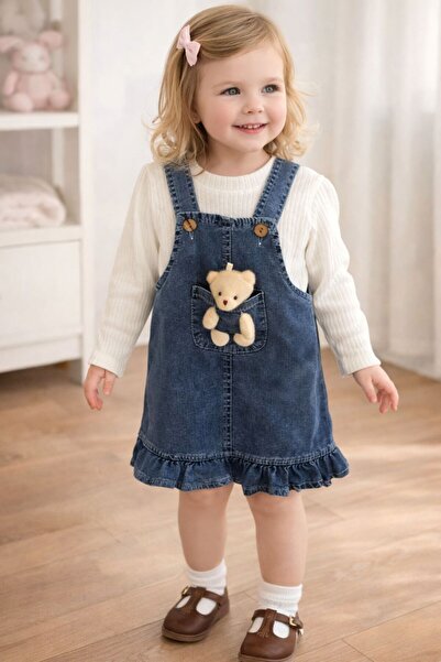 my koala Kız Bebek Kot Salopet Elbise Ayıcık Detaylı, Uzun Kollu Bluzlu Takım