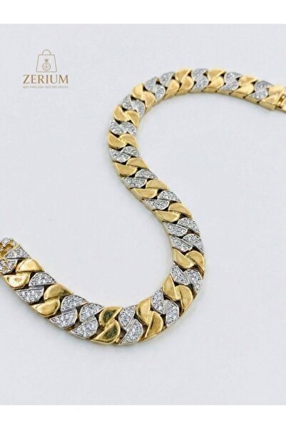 ZERİUM Zircon Stone Two Tone Steel Bracelet Gold Color Modern Premium Design