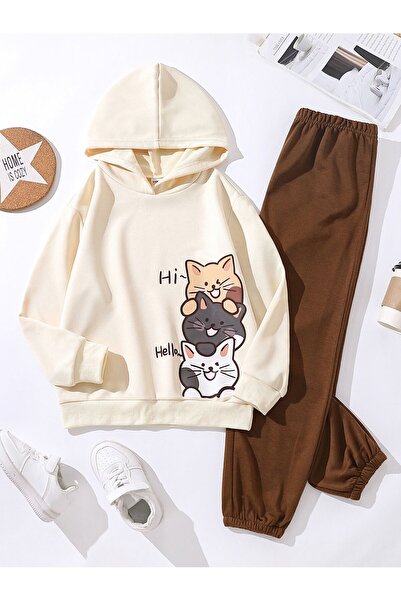 Kids Kapüşonlu 3 Kedi Baskılı Kahve Çocuk Takım