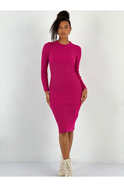 Miss Poem Crew Neck Corded Fabric Basic Women's Fuchsia Knitwear Dress