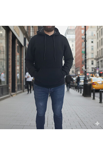 Unisex Oversize 3 İplik Pamuklu Yumuşak Dokulu Basic Siyah Kapüşonlu Sweatshirt