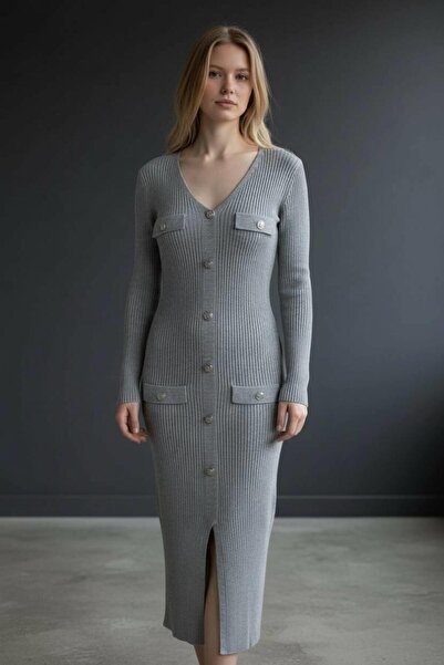 Miss Poem Γυναικείο Πλεκτό Φόρεμα άνοιγμα με Διακοσμητικά Κουμπιά στο Μπροστινό μέρος σε Γκρι Χρώμα