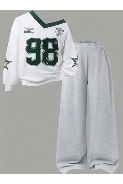 Kids 98 Baskılı V yakalı Beyaz Gri Takım