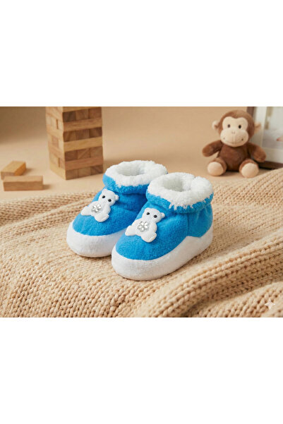 CloudStone Erkek Bebek Mavi Taşlı Ayıcık Figürlü İçi Kürklü Kışlık Panduf Bot