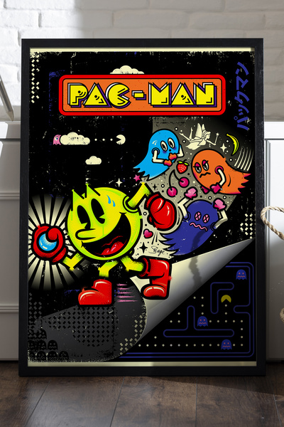 Duvarda Poster Pac-Man cu ramă din lemn negru, pictură decorativă de perete p...