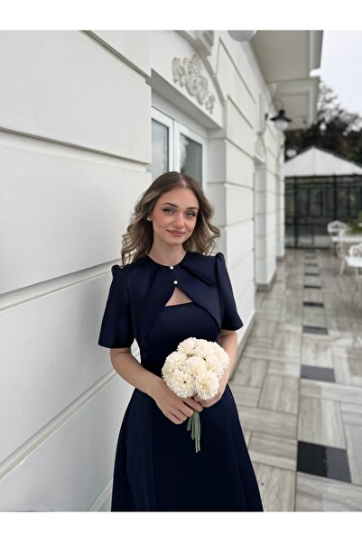 essolaria Naz Kadın Lacivert Bolero Detaylı İnci Düğmeli Midi Kloş Etek Kemer...