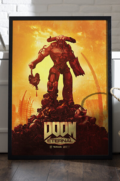 Duvarda Doom crni poster sa drvenim okvirom, dekorativna zidna slika za igre