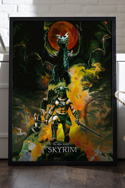Duvarda Skyrim crni drveni uokviren poster, dekorativna zidna umetnost za igre