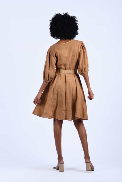 la luce Camel Kemerli Mini Keten Elbise - 4797