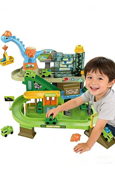Generic Double-decker parking lot toy set, dinosaur-themed parking lot toy, includes toy cars and marbles.