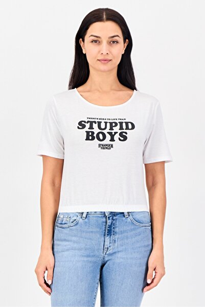 Undiz x Stranger Things Women Round Neck Short Sleeve Graphic Print Crop Top, White