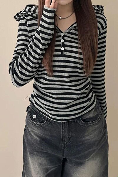 Karakedi Black Gray Striped Henrey Collar Hooded Long Sleeve Crop Body