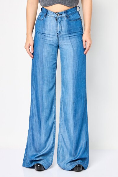 Karl Lagerfeld Women Regular Fit Washed Non Stretchable Wide Leg Jeans, Blue