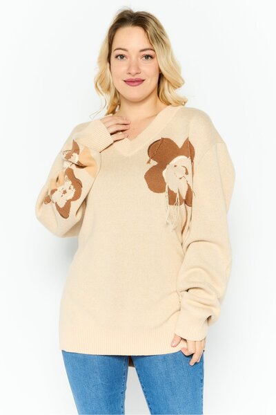 Esprit Women V-Neck Embroidered Sweater, Beige